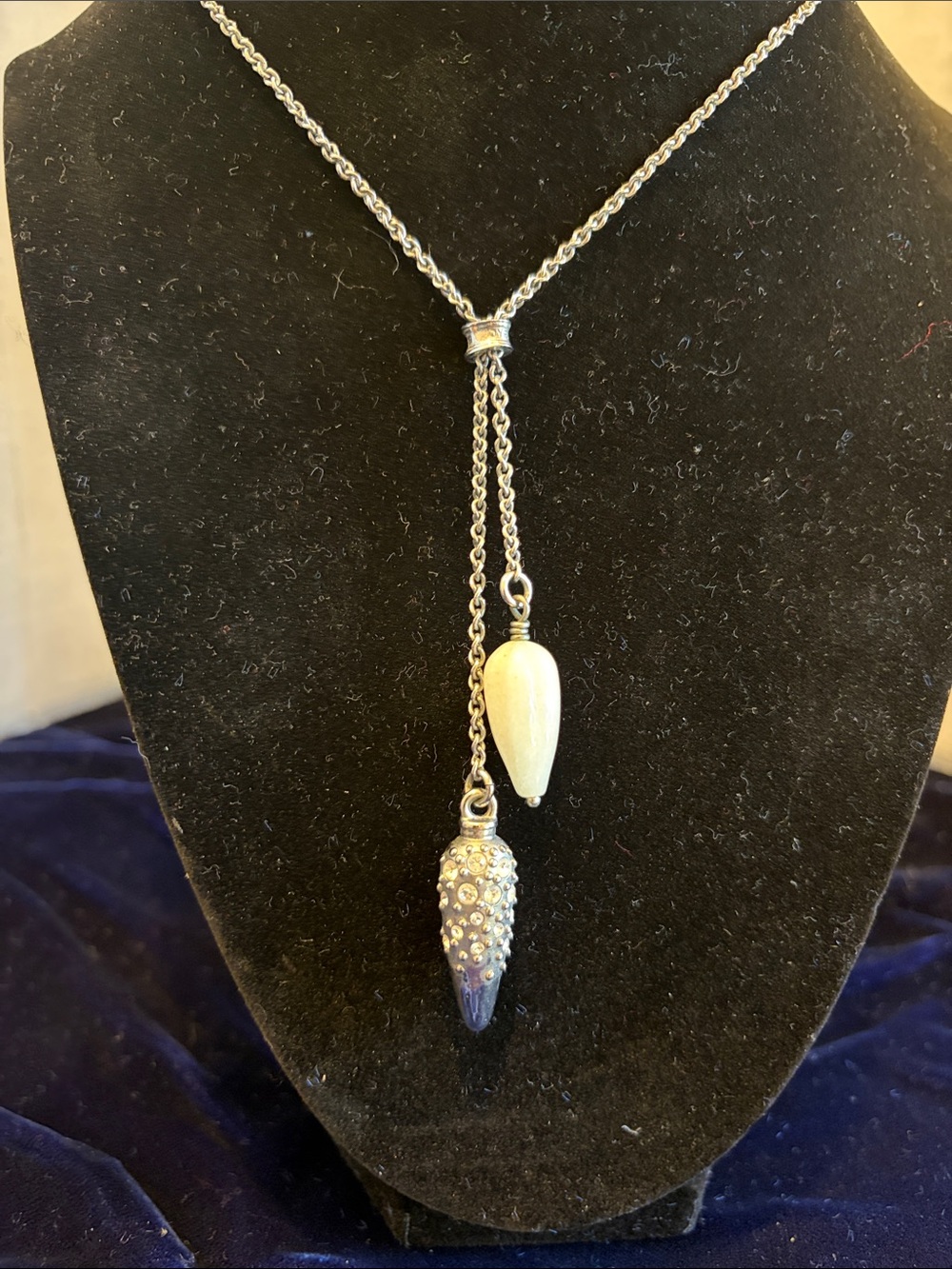 Dryberg Kern vintage  Necklace with Ivory bead and silver/crystal  Drop Pendants